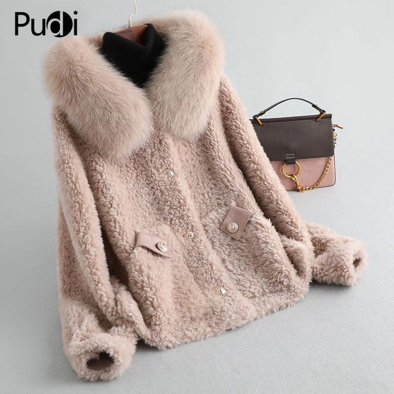 

women winter real wool fur coat jacket female girl sheep shearing coats lady fox fur collar hooded jacket overcoats A19073