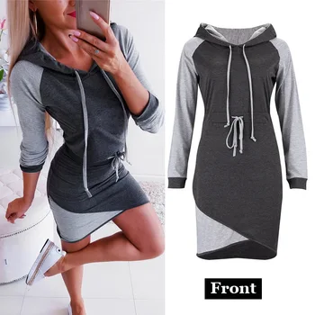 

Hoodies Sweatshirts Plus Size Dresses V Neck Long Sleeve Pullover Back Gray Casual Hooded Mini Dresses Women Robe Grande Taille
