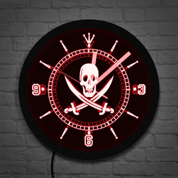 

Jolly Roger Pirate Skull With Crossed Swords LED Neon Effect Wall Clock With LED illumination Pub Bar Wall Lighted Watch Clock