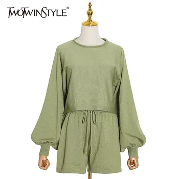 

TWOTWINSTYLE Casual Black Two Piece Set For Women O Neck Lantern Sleeve Tops High Waist Lace Up Wide Leg Shorts Sets Female New