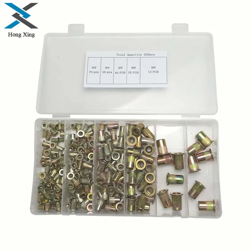 

200Pcs/set M3 M4 M5 M6 M8 Knurled Cap Rivet Nut Rivnut Flat Head Threaded Rivet Insert Zinc Plated Assortment