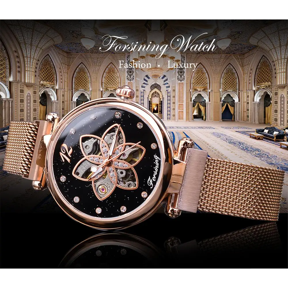 Forsining, женские часы с бриллиантами, роскошные механические Женские наручные часы, розовое золото, сетка, Топ бренд, цветочный циферблат,, модные часы