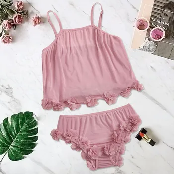 

Fashion Sexy Women Flower Pajamas Mesh Appliques Seamless Underwear Suit Cute Sweet Pink Lingerie Camisole Set