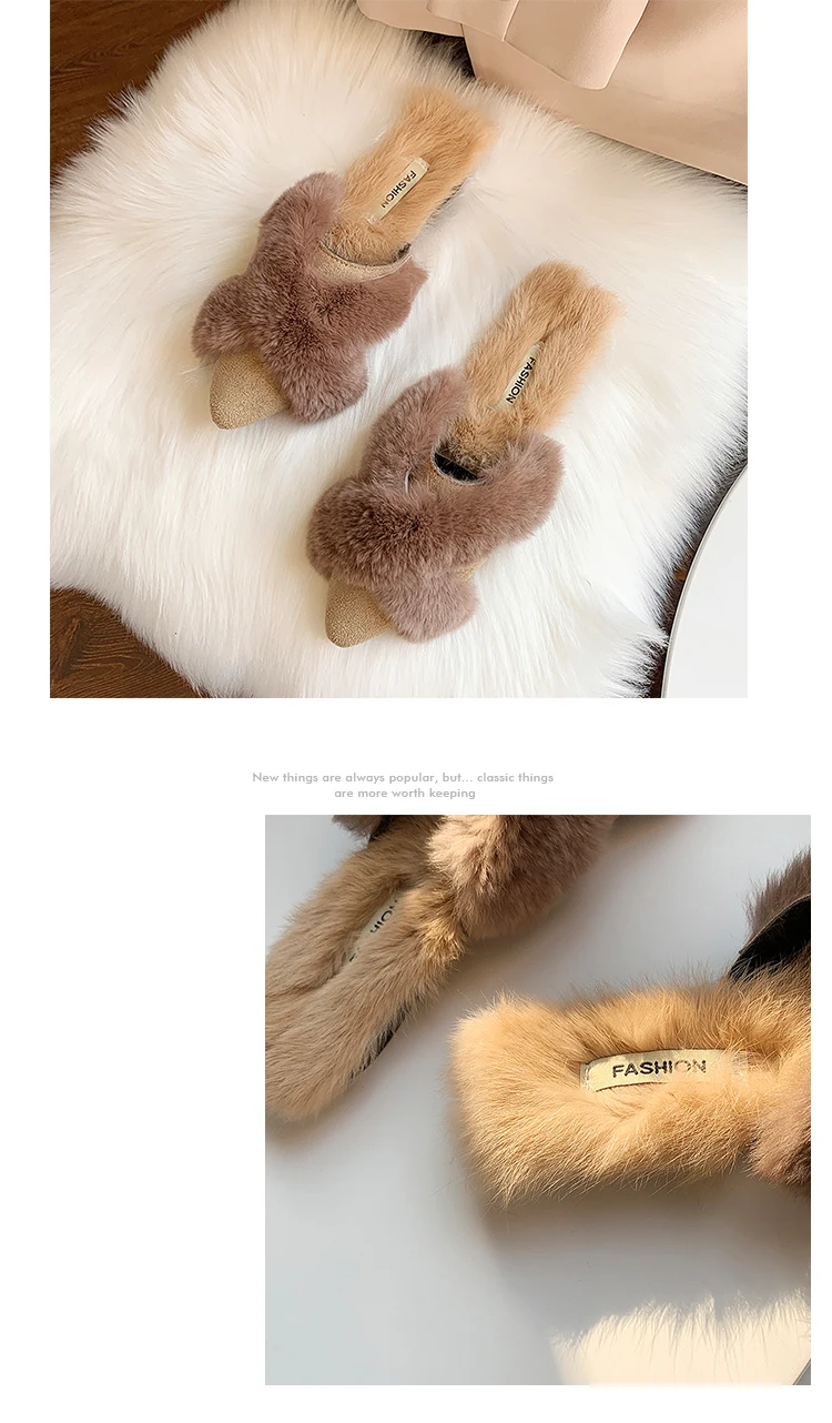 Shoes Woman Slippers Fur Rivet Cover Toe Flock Luxury Slides Low Plush New Flat Pointed Designer Fashion Rubber Basic
