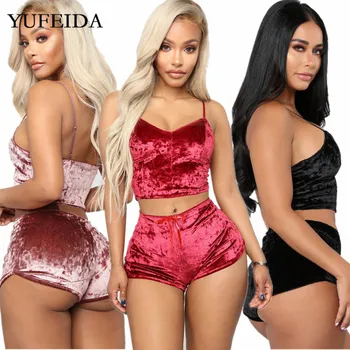 

New Fashion Women 2pcs Velvet Sleepwear Sexy Tank Tops Shorts Pajama Set Ladies Nightwear Female Pajama Party Set Home Clothes