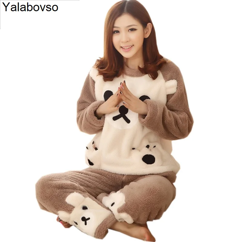 

Yalabovso Cute Bear Pajamas Adults Soft Warm Flannel Animal Pajama Cartoon Unisex For Pyjamas Women Girl 2 Piece Set Sleepwear