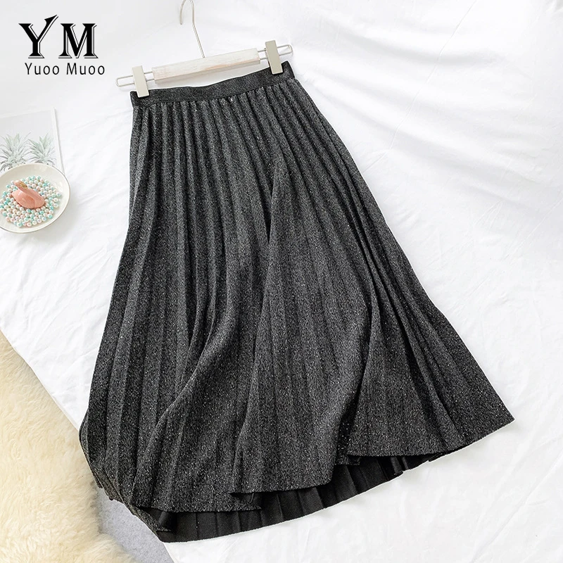 YuooMuoo, хорошее качество, блестящая осенне-зимняя плиссированная юбка Ins, Модная европейская юбка миди, Женская юбка с высокой талией, черная школьная юбка