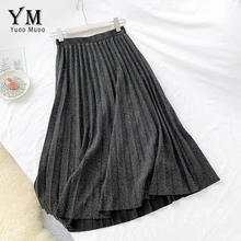 YuooMuoo, хорошее качество, блестящая осенне-зимняя плиссированная юбка Ins, Модная европейская юбка миди, Женская юбка с высокой талией, черная школьная юбка
