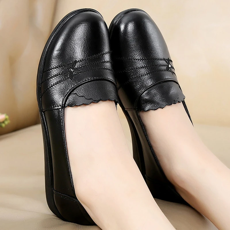 Zapatos planos de piel auténtica para mujer, mocasines sin cordones, negro, grande, 41/42|Zapatos planos de mujer| -