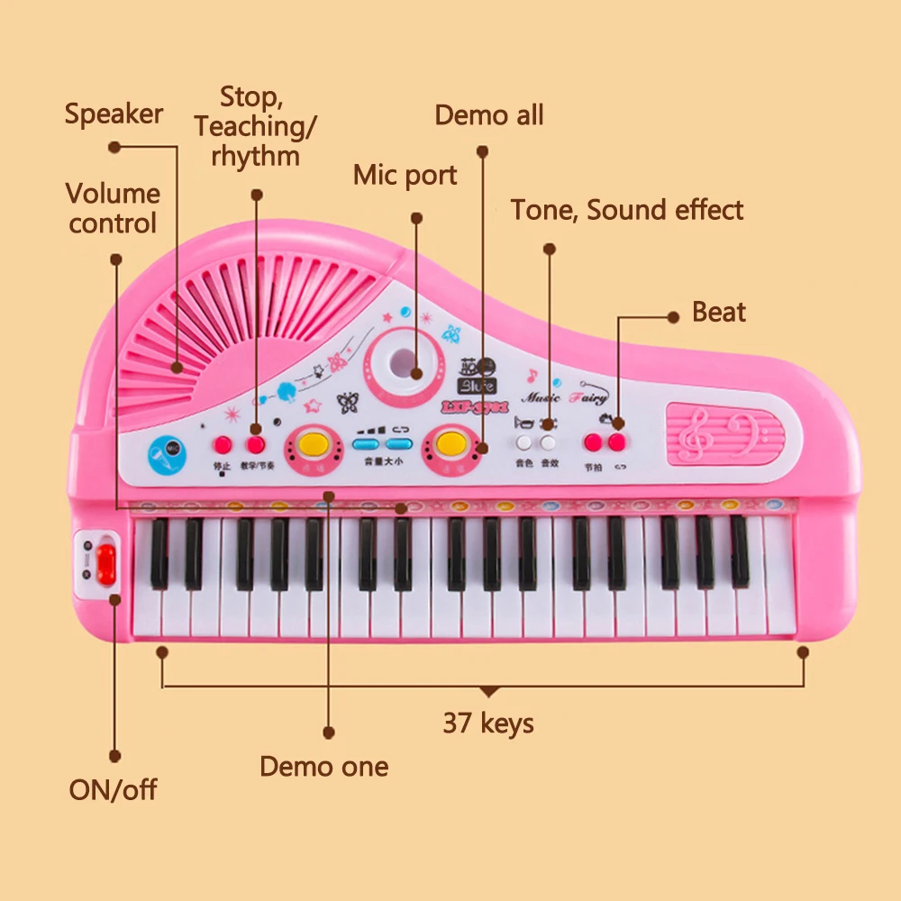 Piano Eletrônico Portátil, 22 Músicas Rosa 2 Fonte de Alimentação Teclado  Infantil Piano Plástico Educacional Multifuncional Com Microfone para Casa