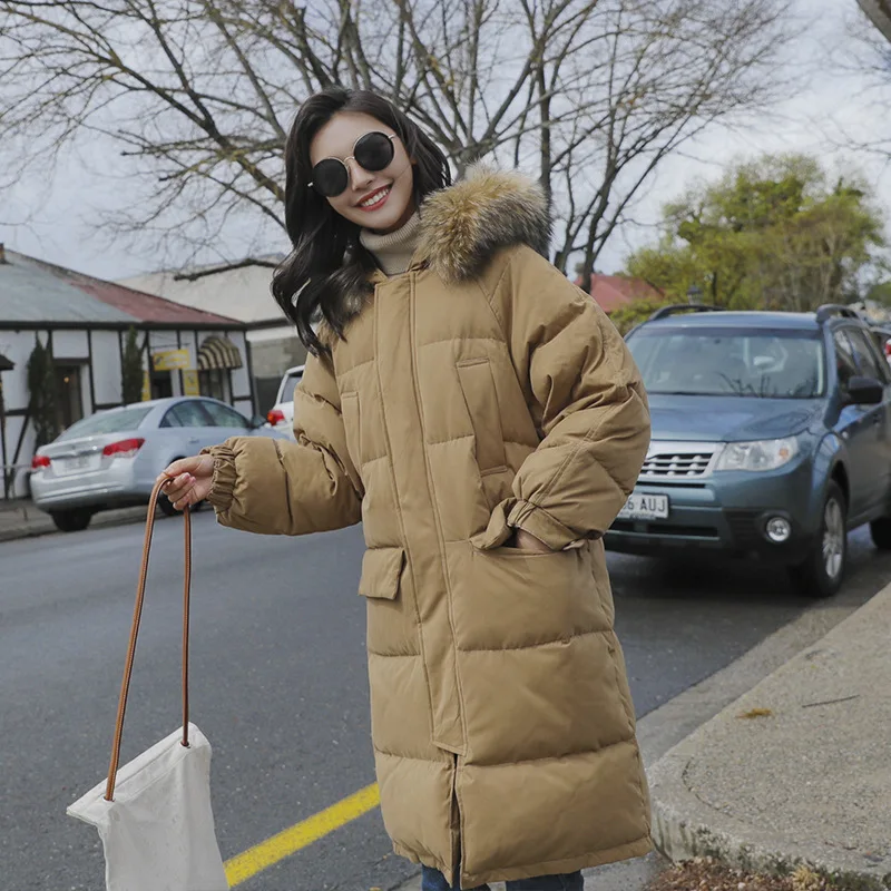

ACZ Mid-length Cotton Coat 19 Winter Korean-style Women's Solid Color Loose And Plus-sized Thick Hooded Large Fur Collar Cotton
