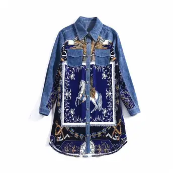

European and American women's clothing 2019 winter new style Long sleeve lapel Retro printed fashion denim dress
