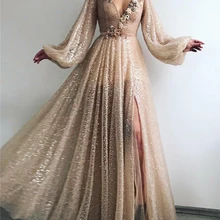 Шикарное Золотое мусульманское вечернее платье с цветами, v-образным вырезом и блестками, а-силуэт, арабское, с длинными рукавами, вечерние платья