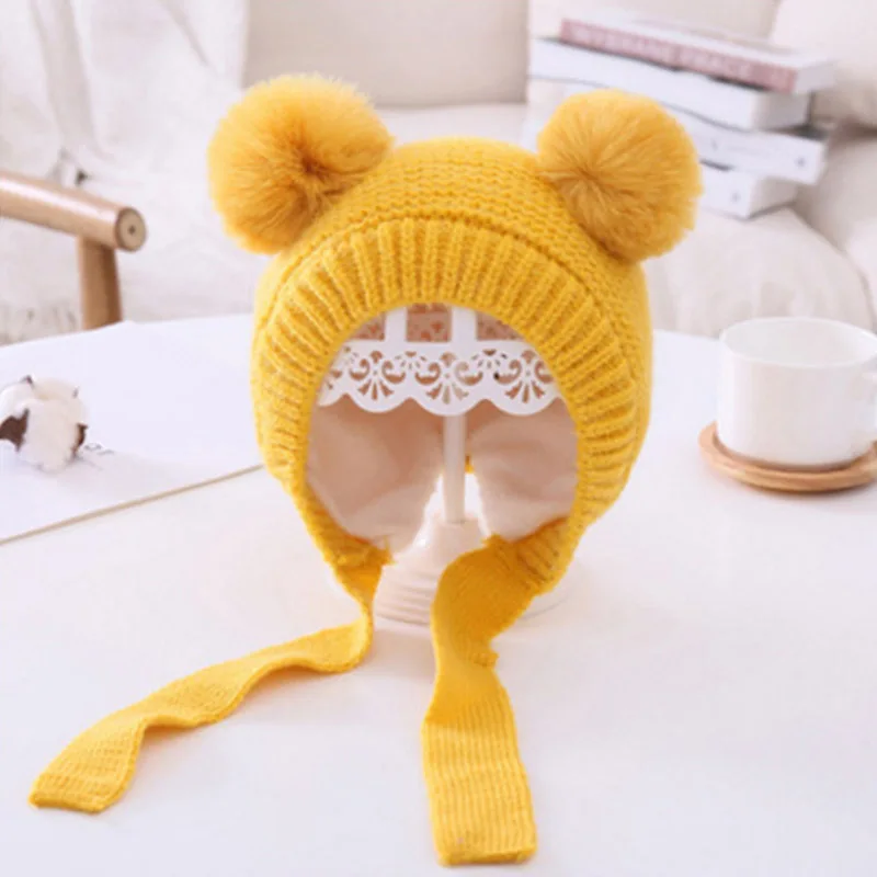 Winter Warm Baby Hat With Lacing Double Pompom Knitted Ear