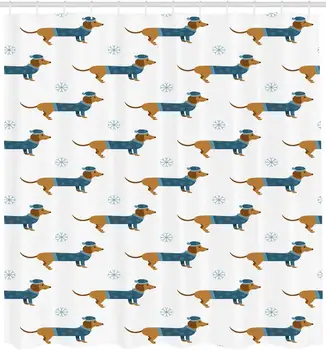 

Dachshund Shower Curtain Winter Cartoon Sausage Dog in Pullover and Snowflakes Cloth Fabric Bathroom Decor Set with Hooks