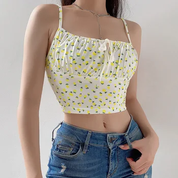 

2020 Fashion Women Hot Summer New Floral Printed Backless Sleeveless Strappy Tank Crop Top Spaghetti Strap Casual Tanks Camisole
