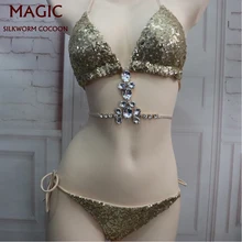 Золотой блестящий купальник сексуальные купальники со стразами женский купальный костюм с низкой талией купальник облегающий женский пуш-ап бикини набор