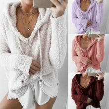 

Women Hooded Drawstring Fluffy Mohair Sweatshirt Autumn Warm Soft Fleece Hoodies V-Neck Loose Plush Pullover Jumper Casual Tops