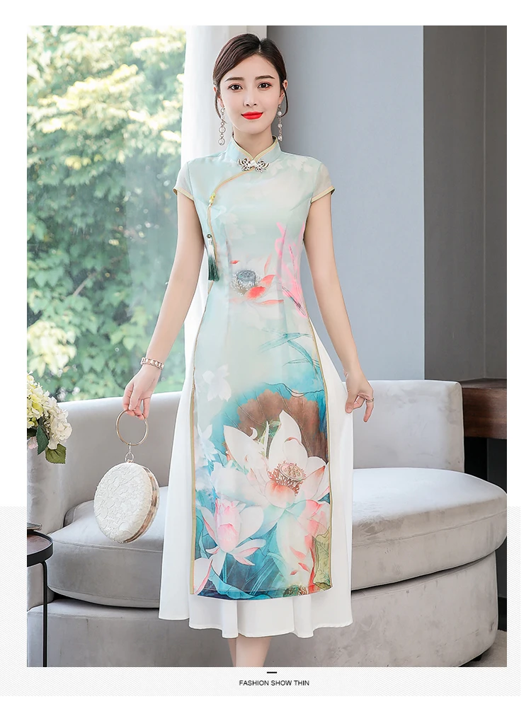 Fs6665 Одри улучшенное Cheongsam Летнее Длинное платье феи ветер свежий Лотос Большой размер повседневная жизнь ретро платье