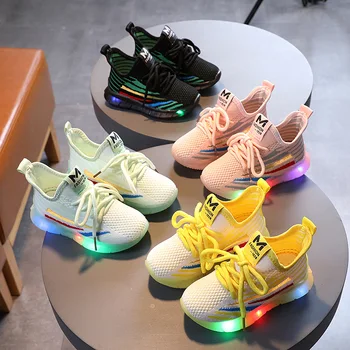 

Children's Autumn Woven Breathable Sports Shoes Boys Girls Fashion Soft Bottom Non-slip Glowing Up LED Shoes Baby Toddler D06282