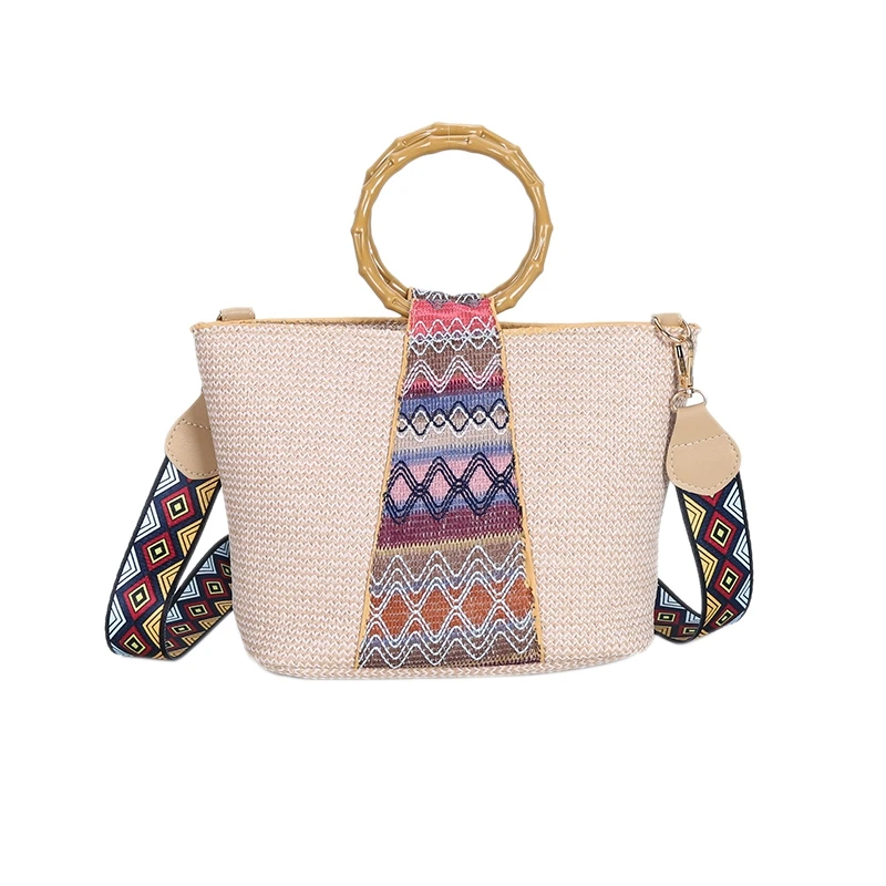 

Ethnic Style Ring Hand-Woven Straw Bag Geometric Pattern Shoulder Strap Shoulder Bag Messenger Bag