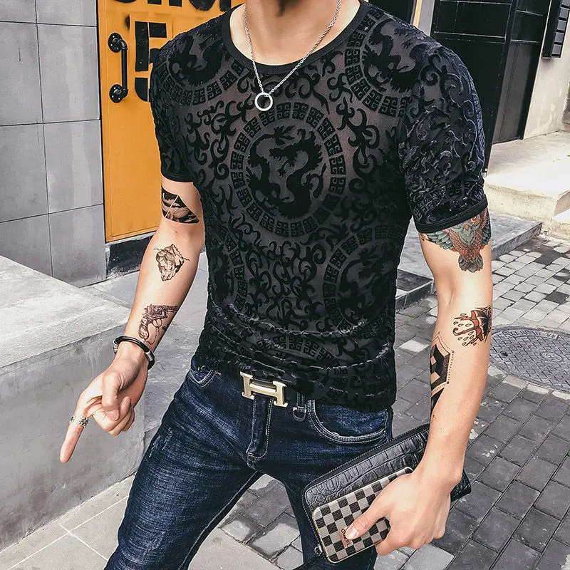 

Streetwear Fashion Velvet T-shirt Men's Original Shirts Hollow Out Fitness Short Sleeve Gym Clothing Mesh Top Designer Tshirt