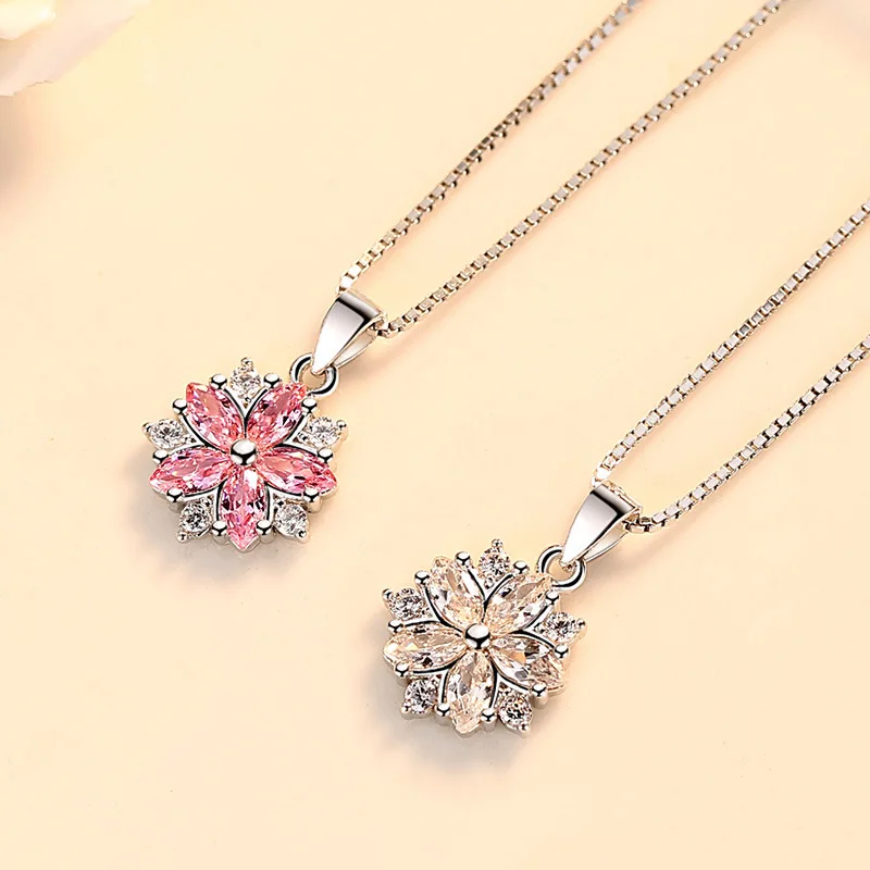 Мода 925 стерлингового серебра розовый циркон вишневые цветы ожерелье+ серьги набор украшений для женщин Девушка чокер brincos