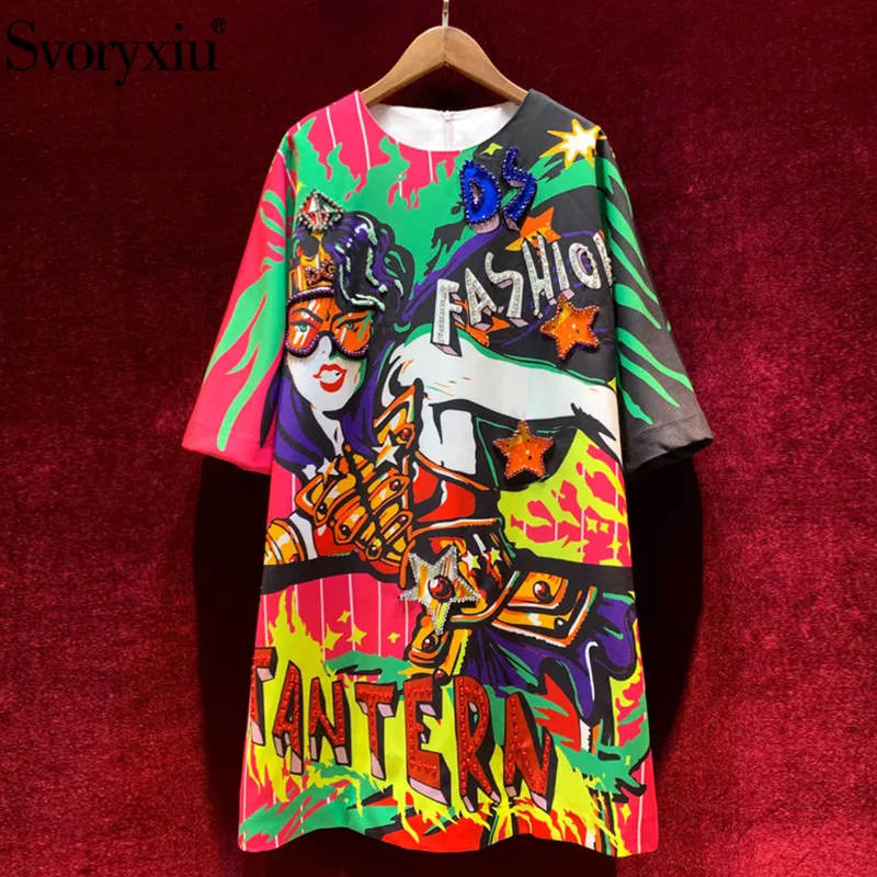 

Svoryxiu 2020 New Runway Fashion Spring Summer Loose Dress Women's Half Sleeve Beading Colorful Letter Print Party Dresses