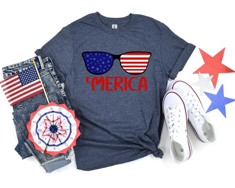 

Merica Sunglasses 4th Of July Independence Day Shirt Streetwear USA FLAG Short Sleeve T-Shirts 100% Cotton Top Tee Unisex goth