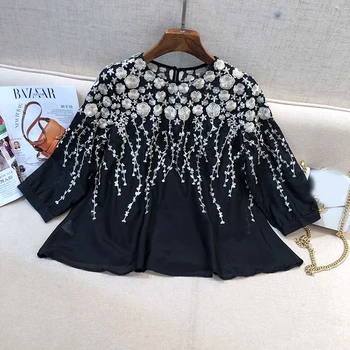 

2020 embroidery Silk Shirt Blouse Women fashion long sleeve boho top Lady Plain Casual Black Beach style femme
