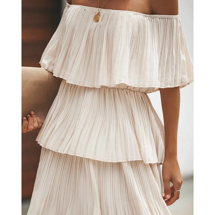 

Women Summer Solid Casual Cake Dress Nice Off Shoulder Pleated A Line Dresses Sexy Strapless Bohemian Midi Dress