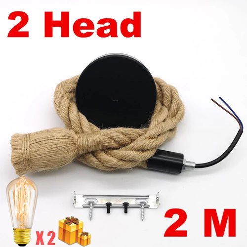 2M double Head Подвесной светильник в стиле ретро, пеньковая веревка, AC90-260V, винтажный, E27, светодиодный светильник, лампа, Подвесная лампа, промышленная лампа, лофт, домашний декор, Подвесная лампа - Цвет корпуса: 2M double Head
