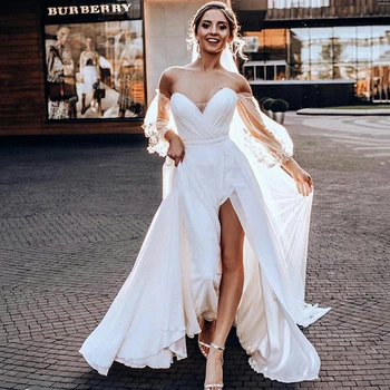 

Eightree Sexy Side Split A Line Wedding Dresses Long Puff Sleeves Bride Dress Vestido de Novia Country Chiffon Wedding Gowns