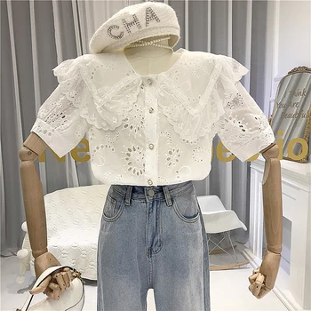 

Sweet Hollow Out white shirt women 2020 summer short sleeve Turn-down Collar blusas femininas elegantes bluzki letnie damskie