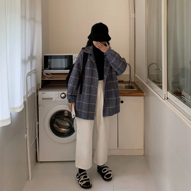 Factory Price Autumn And Winter New Style Korean-style BF Style Loose Retro Plaid Woolen Coat Student Woolen Overcoat