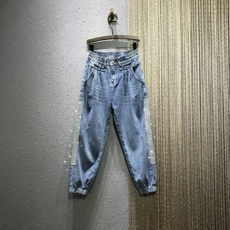 

Harlan Jeans Women Spring and Summer New European Station Elastic High Waist Hot Diamond Loose Casual Nine Points Jeans Women