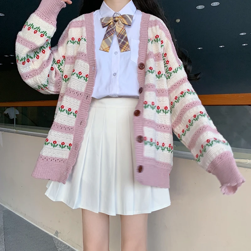 Suéter suelto de flores para mujer, ropa Harajuku coreana, japonesa, Kawaii, Ulzzang, Vintage
