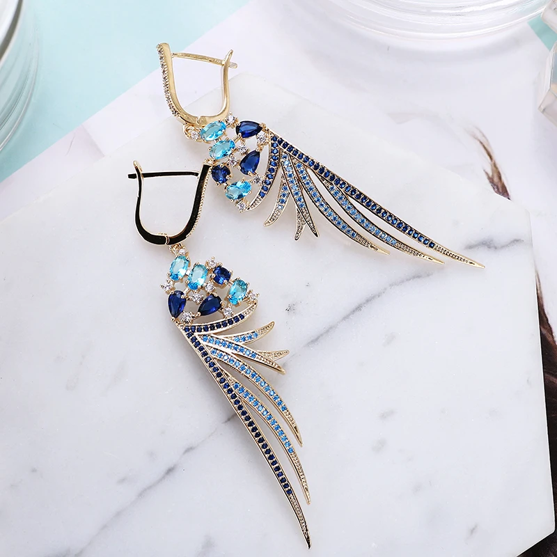 11.11 Luxury Feather Earrings Cubic Zirconia Long Earrings Copper Metal Rhodium Platting Women Wedding Party Jewelry XIUMEIYIZU