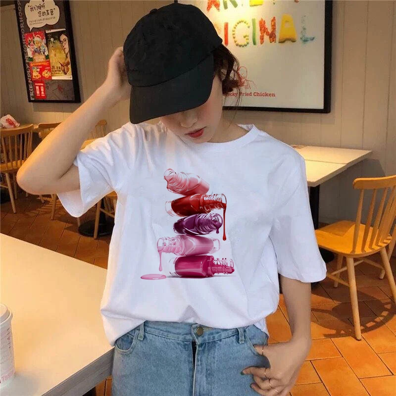 

2020 T-shirt Colourful Ms. Lipstick Nail Polish T-shirt Summer Harajuku Top T-shirt Viper Korea Clothing Women T-shirt Street Cl