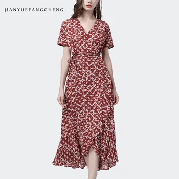 

Full Body Little Floral Printed Red Lace-up Dress Women 2020 Summer New Short Sleeve V-Neck High Waist Long Dresses