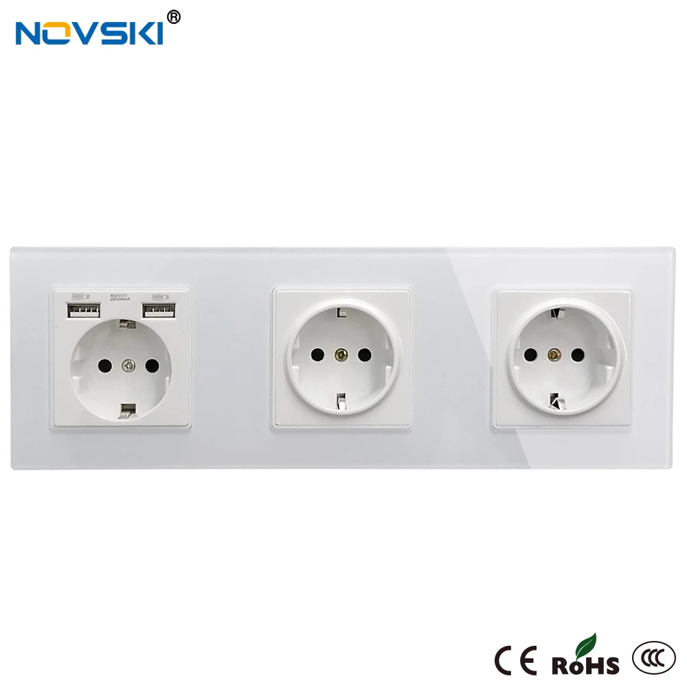 Dual USB 2.1A Hybrid Plug Wall Crystal Glass Panel Power Socket Grounded 16A Quadruple Electrical Socket White, 5 Years Warranty
