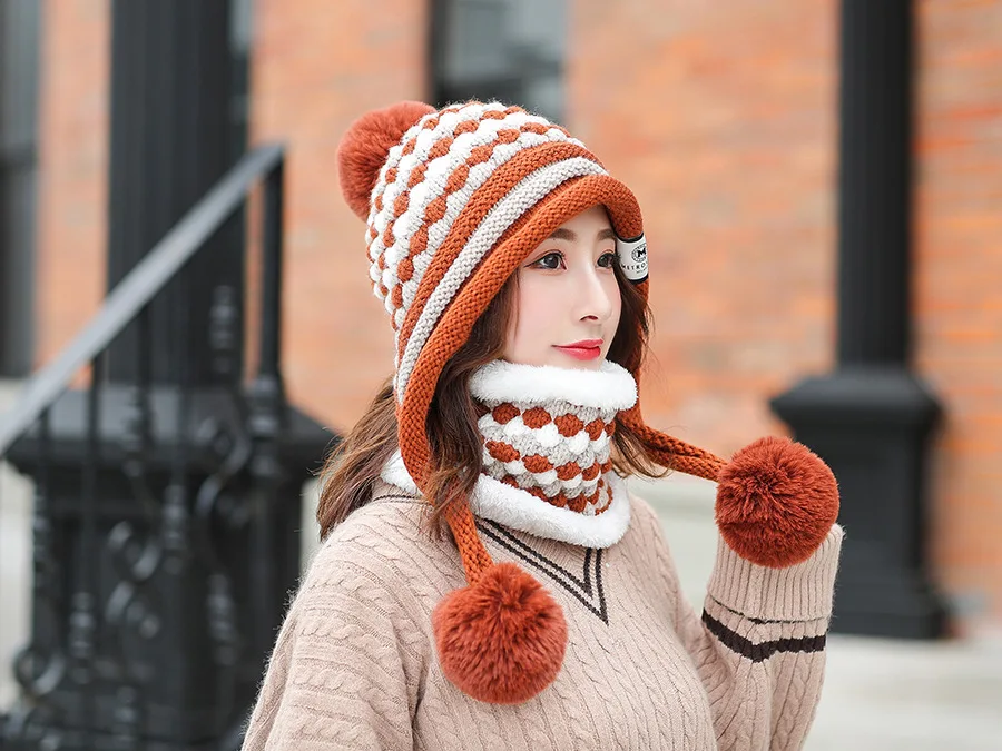 Женские теплые осенние зимние вязаные шапки Шапки Маска женская зимняя шапка вязаный набор шапки и шарфа круглая Лыжная Шапка женская