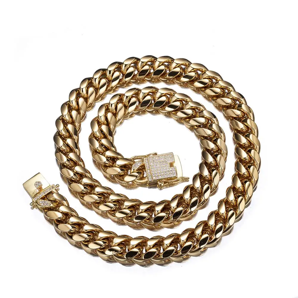 

High Quality Men's 316L Stianless Steel Gold Tone Curb Cuban Miami Link Chain Rhinestone Buttons Necklace & Bracelet 7-40