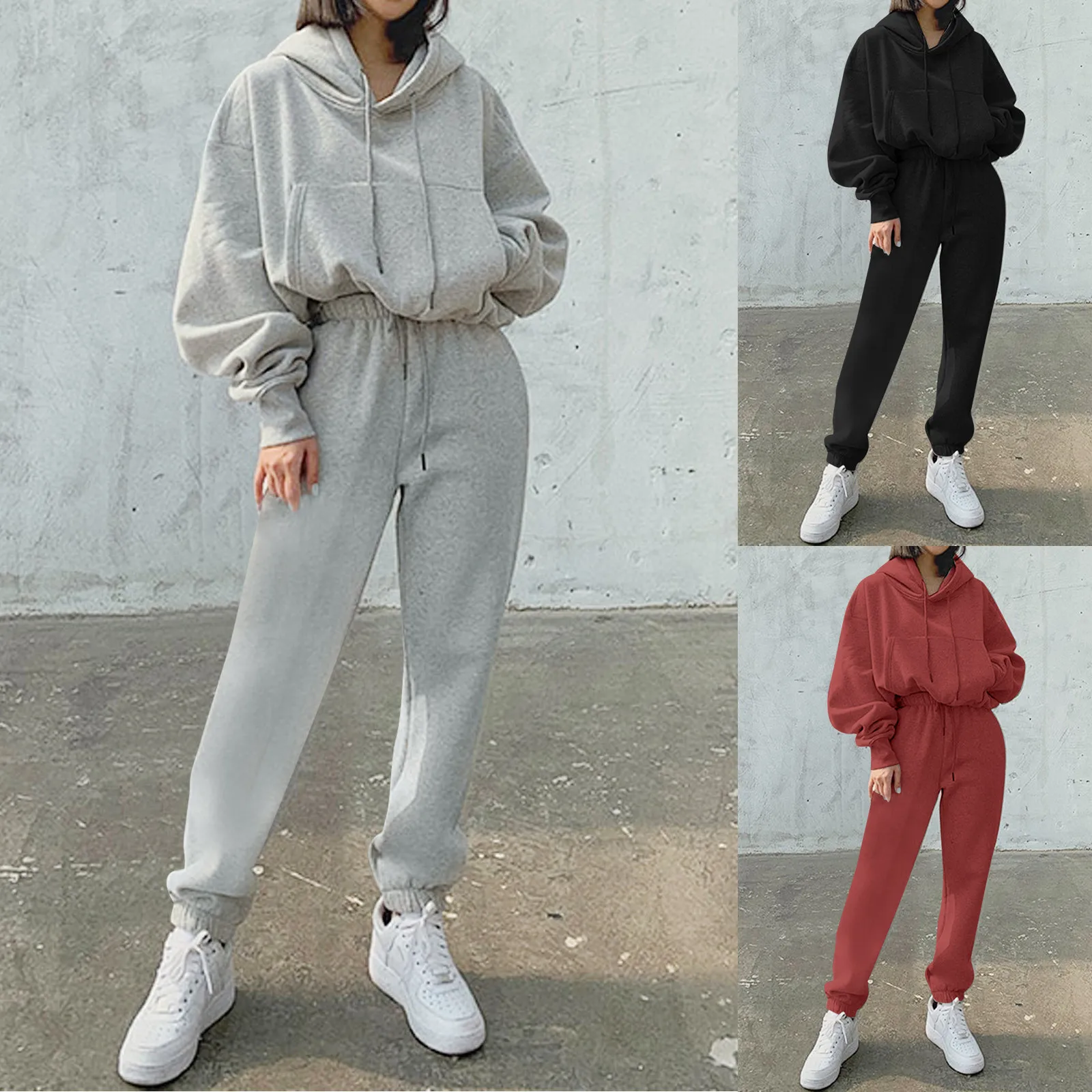 Hoodies Suit Winter Spring Solid Casual Tracksuit Women Fleece 2 Pieces Set  Sports Sweatshirts Pullover Home Sweatpants Outfits