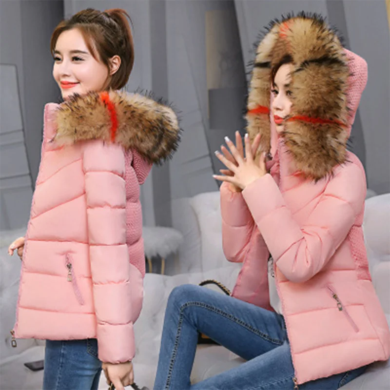 Pink with Color fur Зимняя женская куртка с меховым воротником, зимнее пальто для женщин, с капюшоном, элегантная, тонкая, с бантом, женские парки,, Женское пальто, женская верхняя одежда, куртка - Цвет: Pink with Color fur