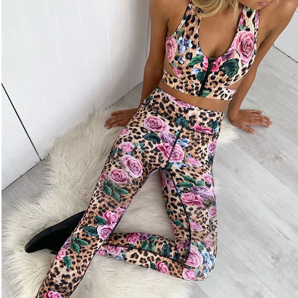 

2 Pcs Sports Suits Leopard Rose Print Yoga Set Zipper Vest Tank Pants Sports Yoga Suit Woman Strappy Sports Bra ropa deportiva