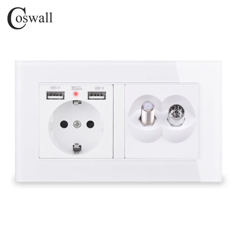 Штепсельная розетка COSWALL стандарт ЕС Россия Испания 2 порта USB для зарядки скрытый