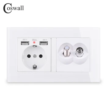 

COSWALL Russia Spain EU Standard Wall Socket 2 USB Charge Port Hidden LED + Satellite Jack With Female TV Connector Glass Panel