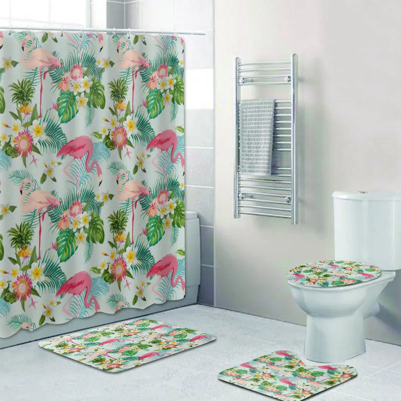 

Vintage Tropical Flamingo Shower Curtain Set Beautiful Flamingos Birds and Flowers Bath Curtain for Bathroom Mat Rugs Home Decor