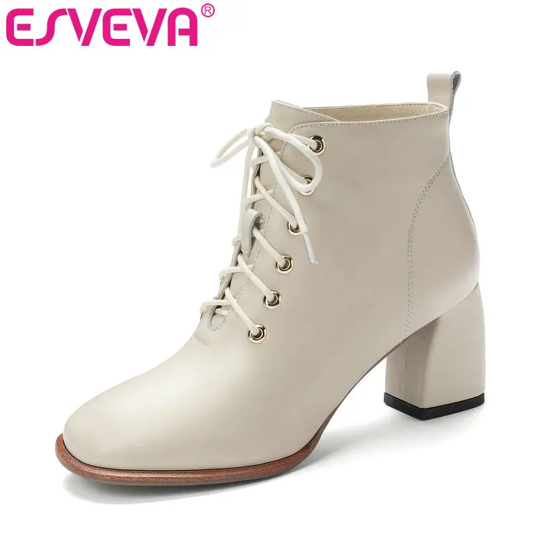 

ESVEVA 2020 Lace Up Leather+PU Fashion Platform Ankle Boots Autumn Winter Square High Heel Elegant Women Shoes Size 34-43